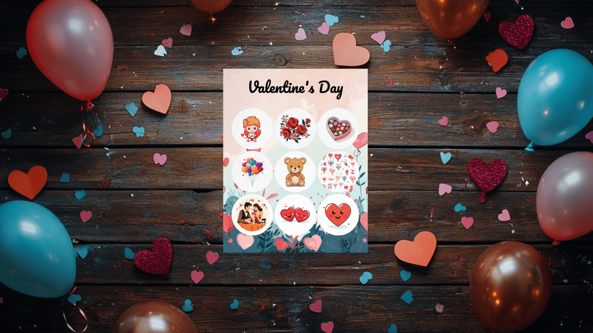 valentines day bingo cards on table with confetti