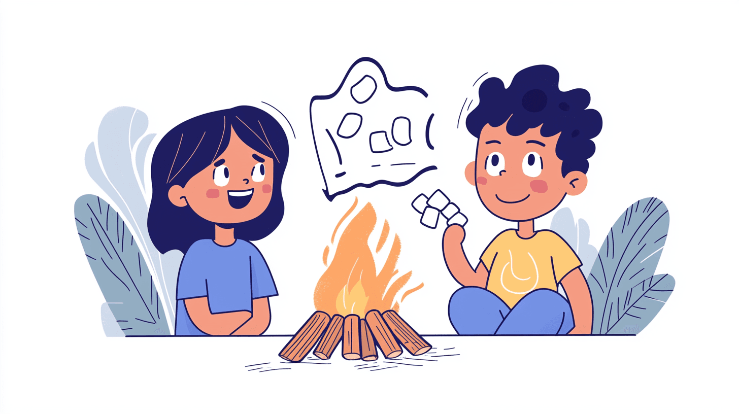 characters around fire with marshmallows