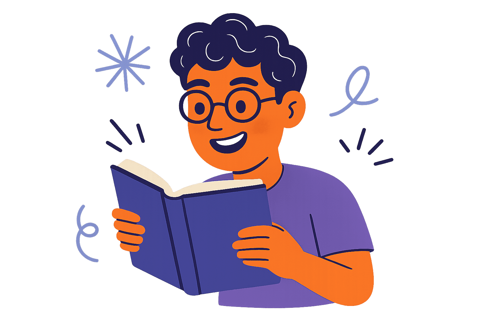 character in glasses reading